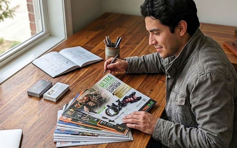 Spread of printed promotional flyers and brochures on a table