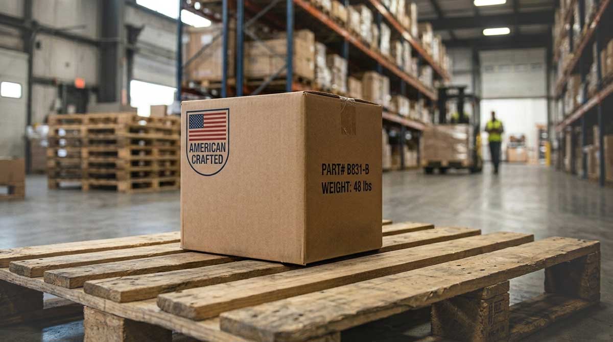 A close-up of a high-quality product box with a subtle, stylized American flag emblem printed on matte cardstock, sitting on a shipping pallet.