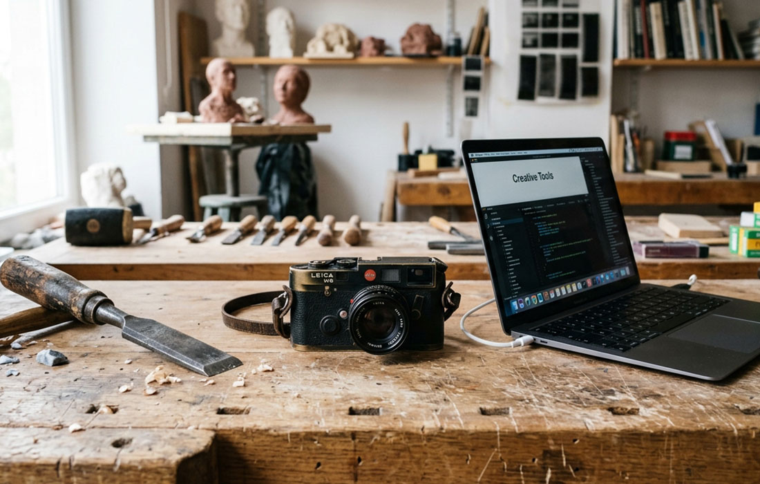 A sculptor's chisel, a film camera, and a laptop arranged side by side on a workbench, representing creative tools across history.
