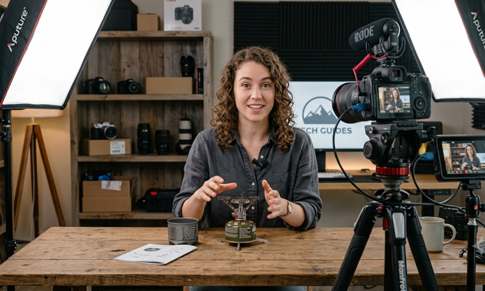 A content creator recording an instructional video for product setup in a studio environment.