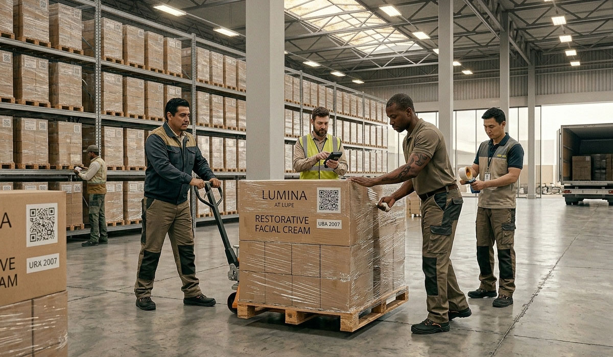 A vast, high-end distribution warehouse with organized pallets and high-tech inventory scanners.
