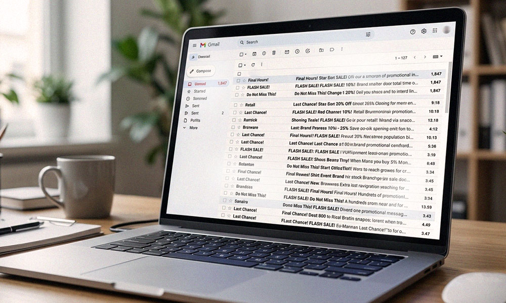 A laptop screen showing a flooded email inbox with hundreds of unread promotional messages, symbolizing list fatigue
