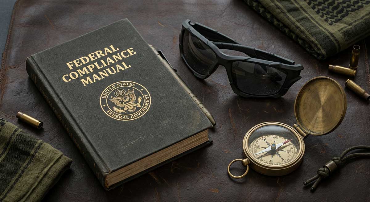 A tactical-style flatlay featuring a federal compliance manual, a pair of rugged sunglasses, and a brass compass on a dark leather surface.