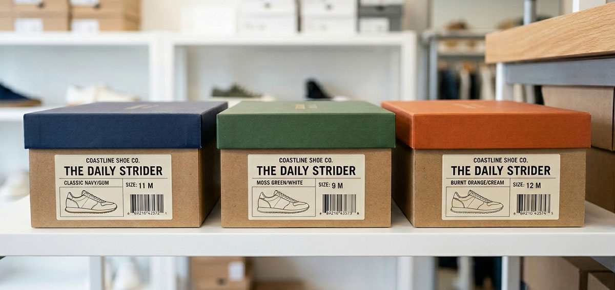 Product packaging line utilizing standardized brown box bottoms and distinct flood-coated colored lids with monochrome technical labels
