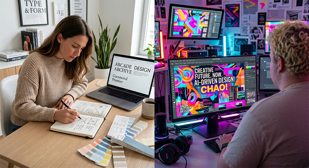 A visual comparison of a professionally trained graphic designer to ai generated design.