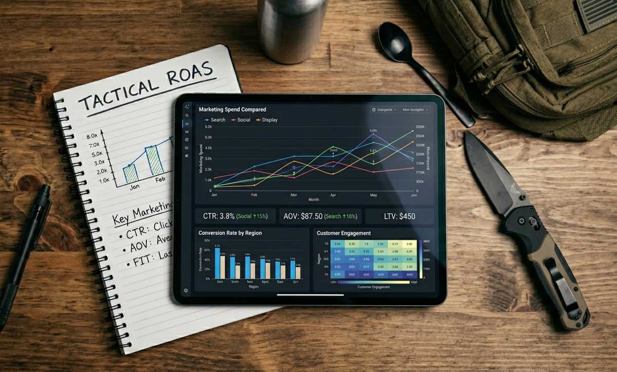 A high-end digital tablet displaying marketing data charts and complex analytics, resting on a rustic wooden desk.