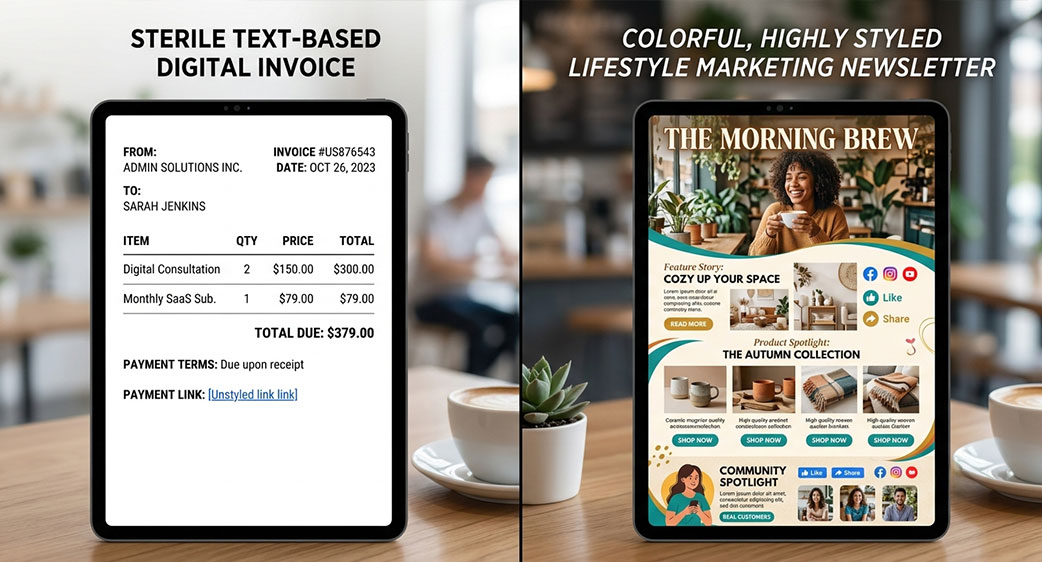 A split screen diagram comparing a sterile text-based digital invoice against a colorful, highly styled lifestyle marketing newsletter