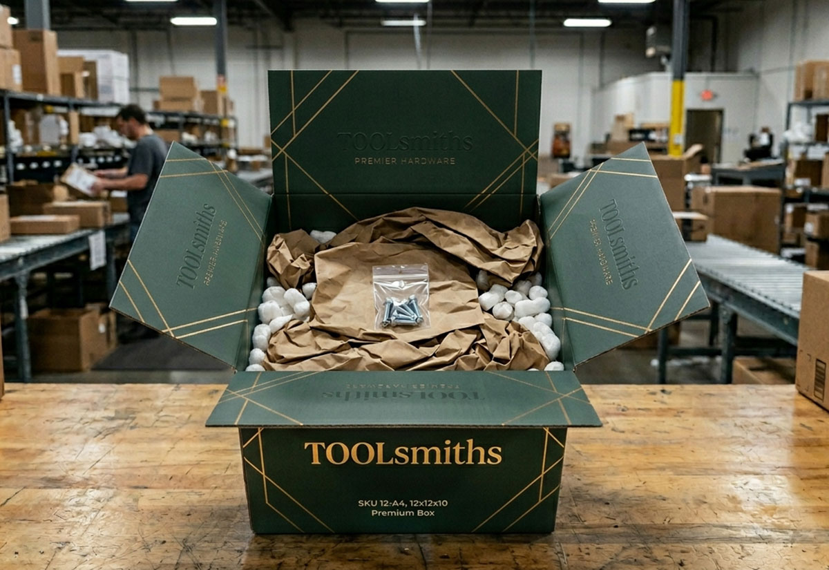 A small product accessory inside an oversized shipping box illustrating high dimensional weight costs and inefficient packaging design