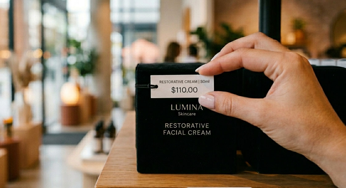 A close up shot of a hand adjusting a premium price tag on a sleek, matte-black product box.