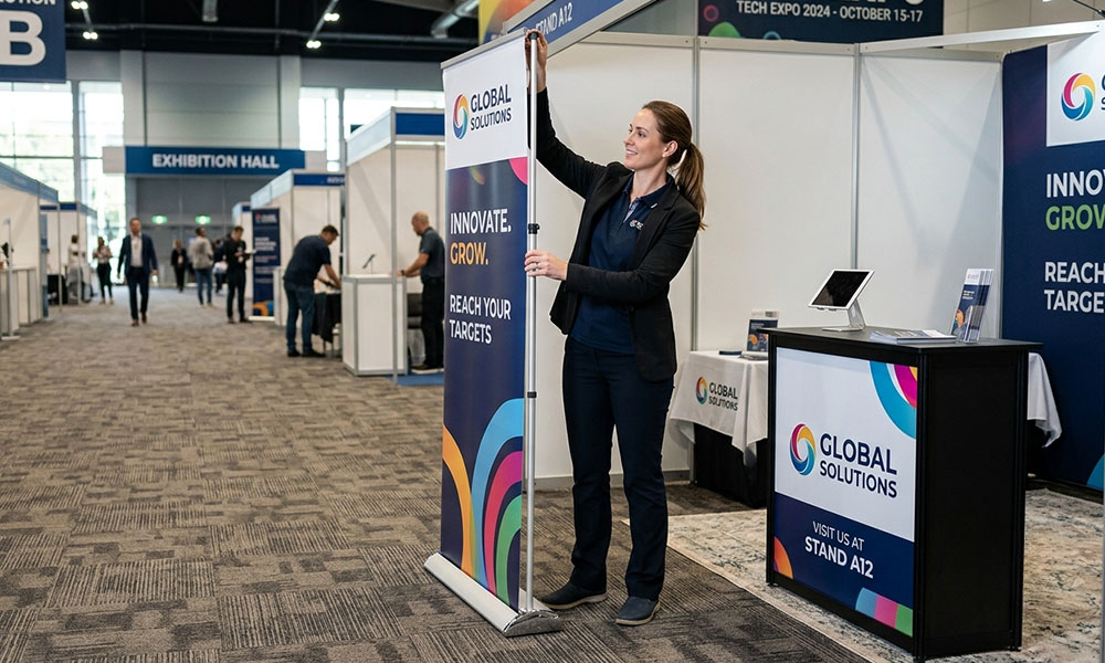 A single sales representative effortlessly setting up a sleek retractable banner and portable counter in an exhibition hall before an event