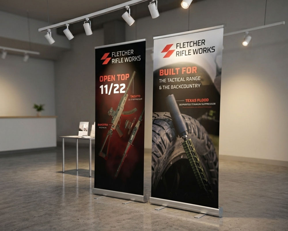 Two high-contrast premium roll-up vertical pop-up banners placed side by side showing clear eye-level headlines and QR codes