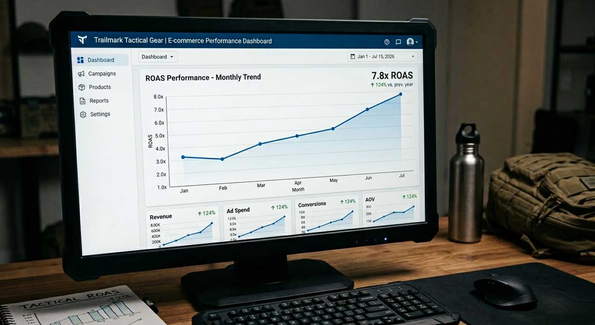 A computer screen showing a rising line graph of ROAS performance in a tactical gear e-commerce store.