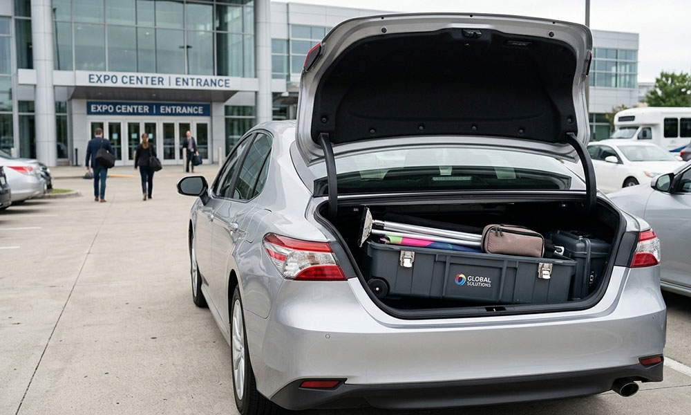 A sleek, wheeled hard travel case containing a full trade show kit sitting in the trunk of a rental sedan at a convention center