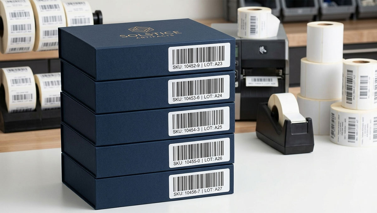 Stack of identical premium product boxes with variable barcode labels applied to the side for efficient SKU management
