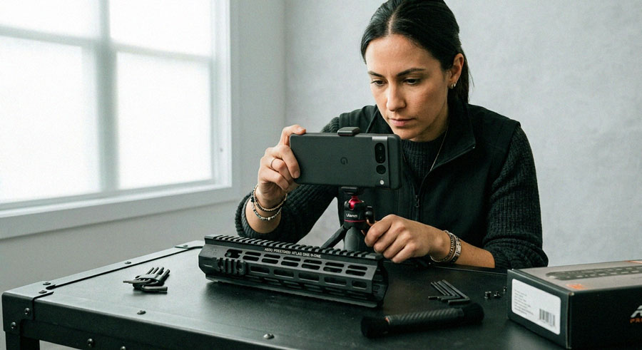 A professional social media manager capturing a high-end close-up video of a modern shooting sports accessory on a matte-black surface