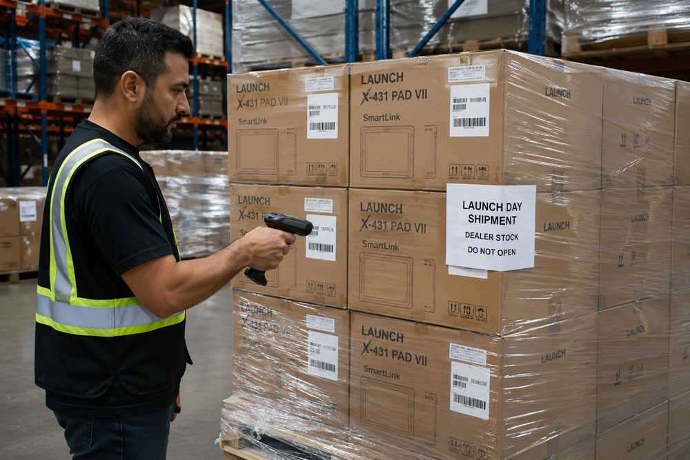 A warehouse worker scanning a pallet of boxed products ready for shipment to dealers, ensuring inventory is staged for launch day.